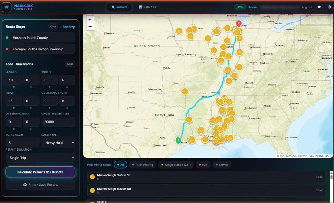HaulCalc planning a Houston to Chicago heavy-haul route with weigh stations and truck stops