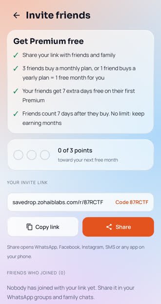 SaveDrop screen