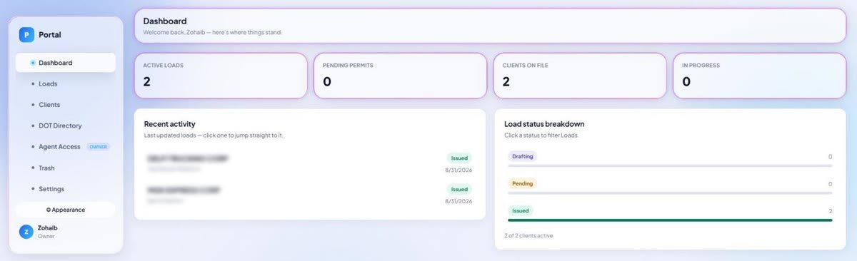 Operations portal dashboard with loads and status breakdown