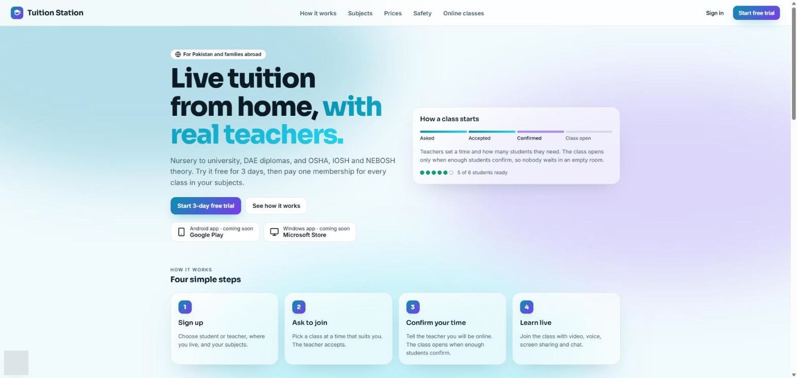 Tuition Station home page: live tuition from home with real teachers